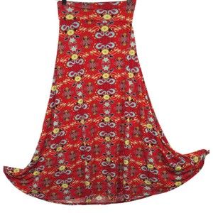 Lularoe Women's Red Floral Scroll Print Multicolor Stretchy Maxi Skirt Size XXS